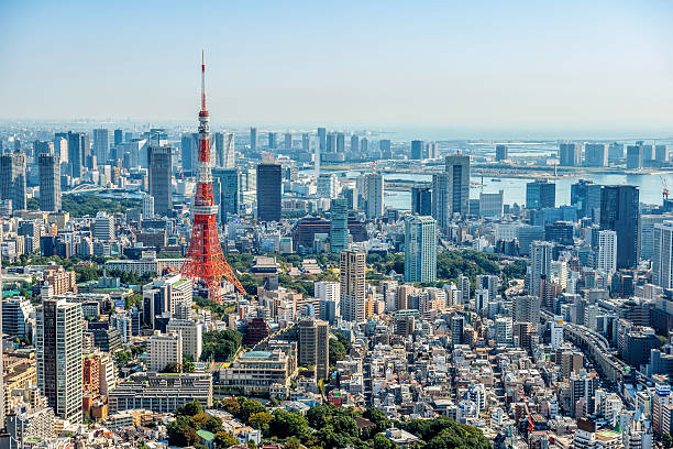 Tokyo aerial view from Roppongi Hills. Views toward Koto, Minato, Chuo and Tokyo Bay.